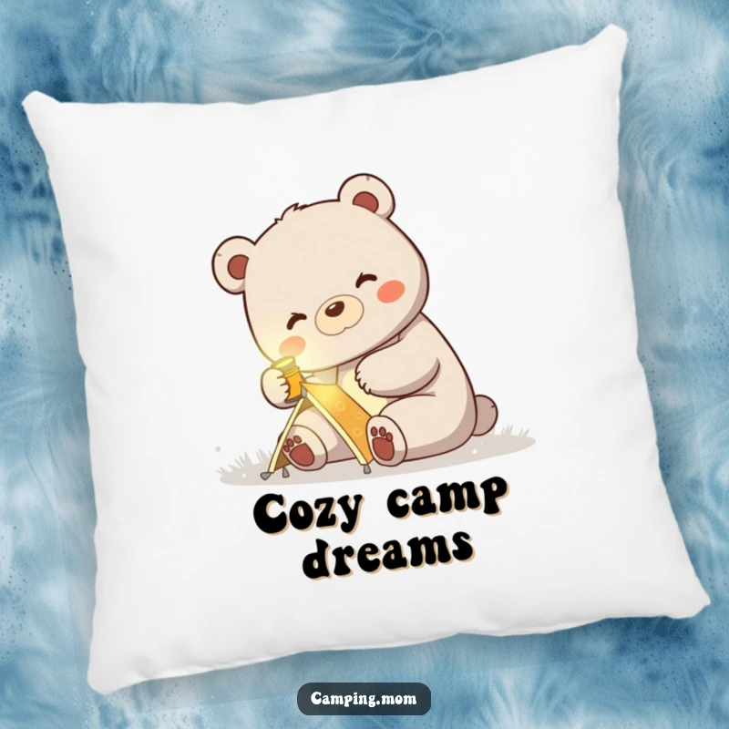 Funny pillow featuring a mama bear with a headlamp setting up a tent, symbolizing cozy camping nights.