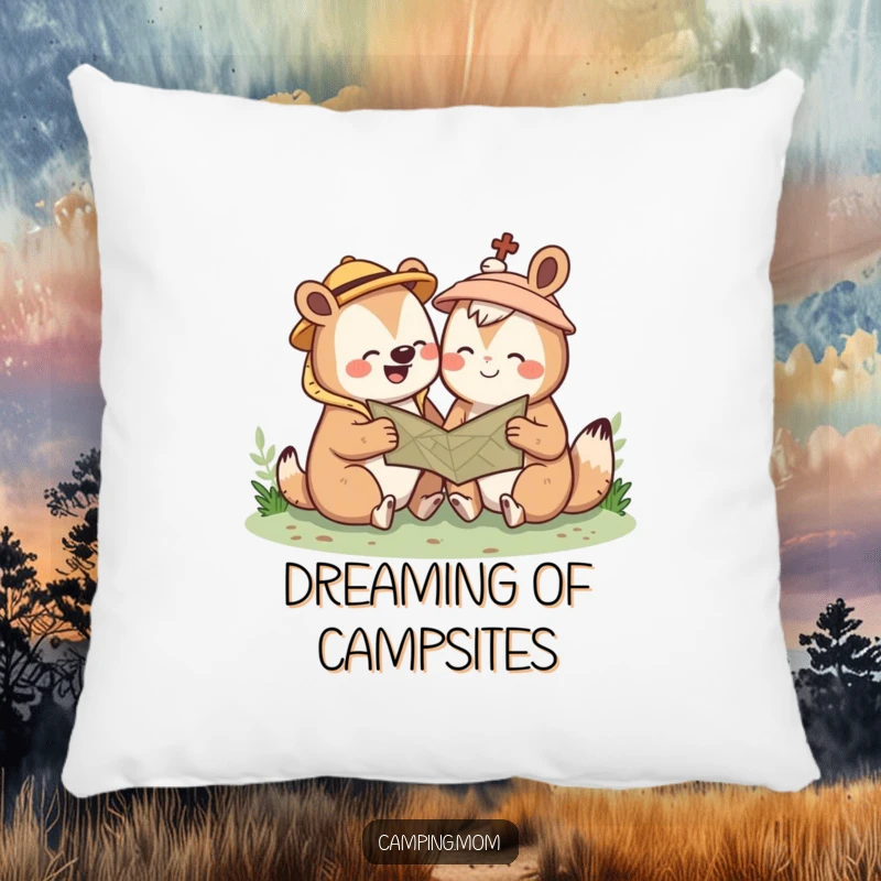 Funny Kawaii camping animal pillow featuring a cute creature giggling over a map, adding cozy outdoor humor. Perfect gift.