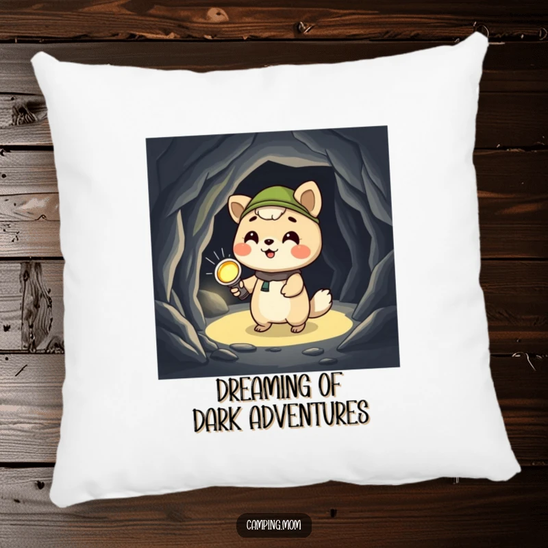 Funny camping animal pillow, giggling with a flashlight in a dark cave, offering cozy comfort and a touch of adventurous humor.