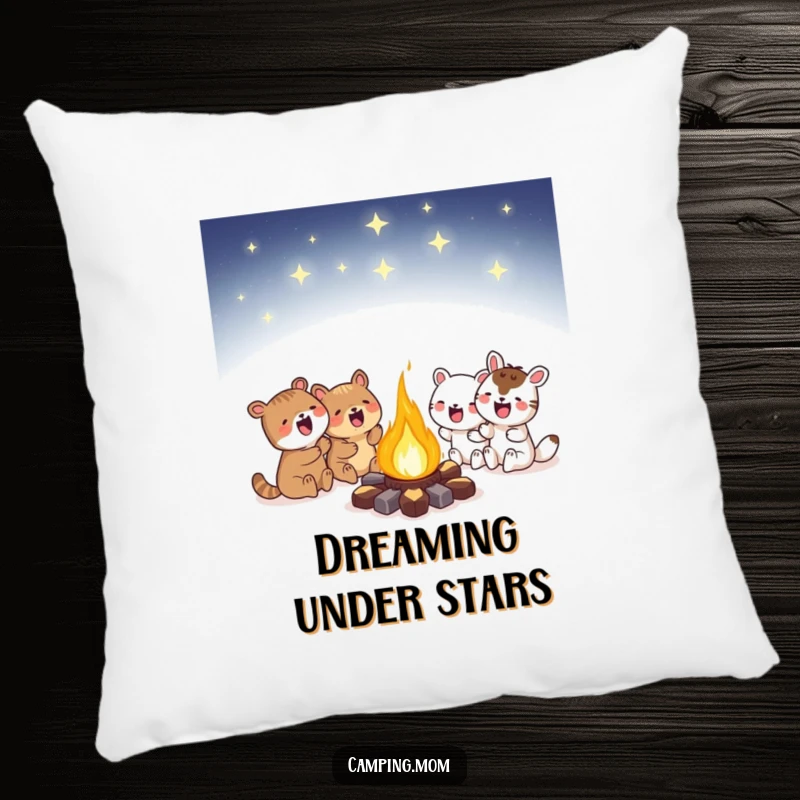 Funny campfire pillow showing animals huddled around a glowing fire under a starry sky, offering comfort and a sense of wonder.