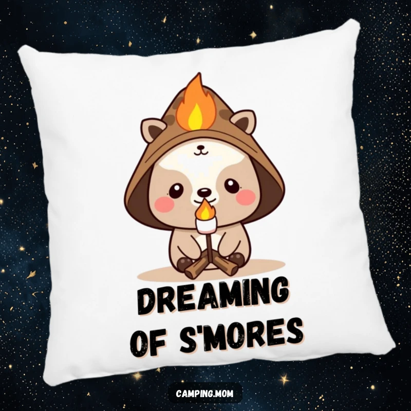 Funny campfire pillow showing a cheerful animal in a hat, roasting a marshmallow, offering comfort and a touch of outdoor joy.
