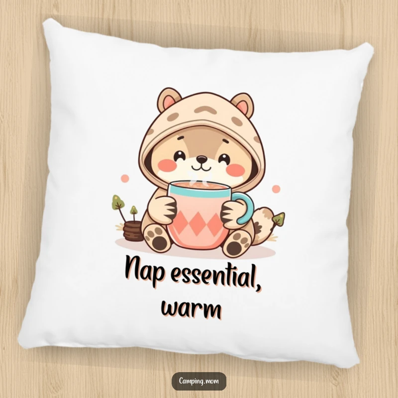 Funny Kawaii Camping Animal Pillow with a cozy smiling creature offering a warm cup of cocoa, great for adding comfort.