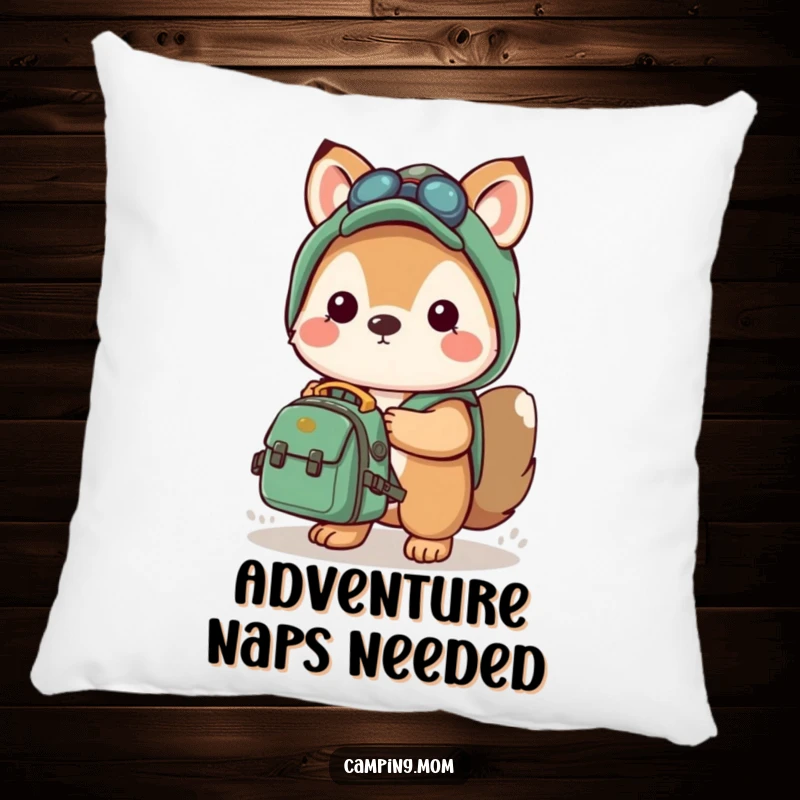 Funny pillow with a kawaii camping animal holding a small backpack, ready for adventure, perfect for adding comfort.