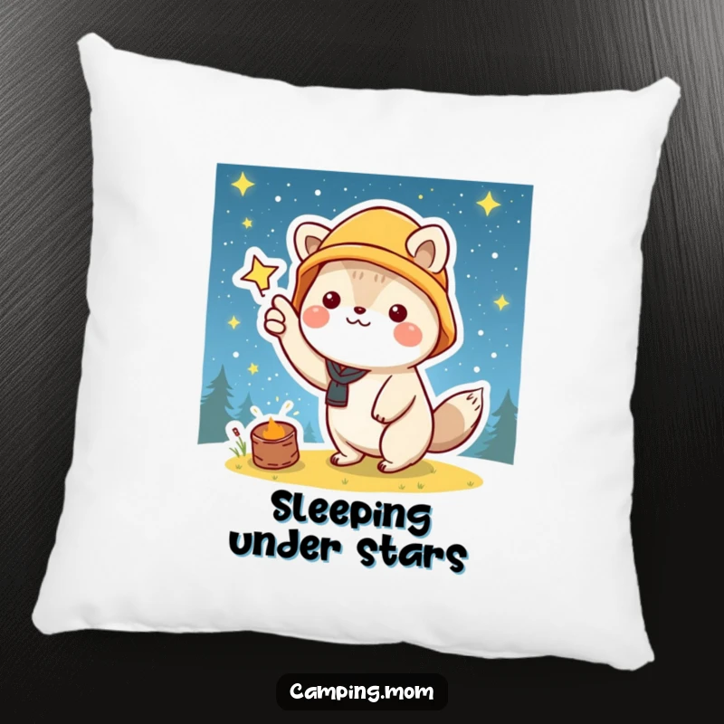 Funny pillow with a kawaii camping animal joyfully pointing at a starry night sky, adding comfort and cosmic charm.
