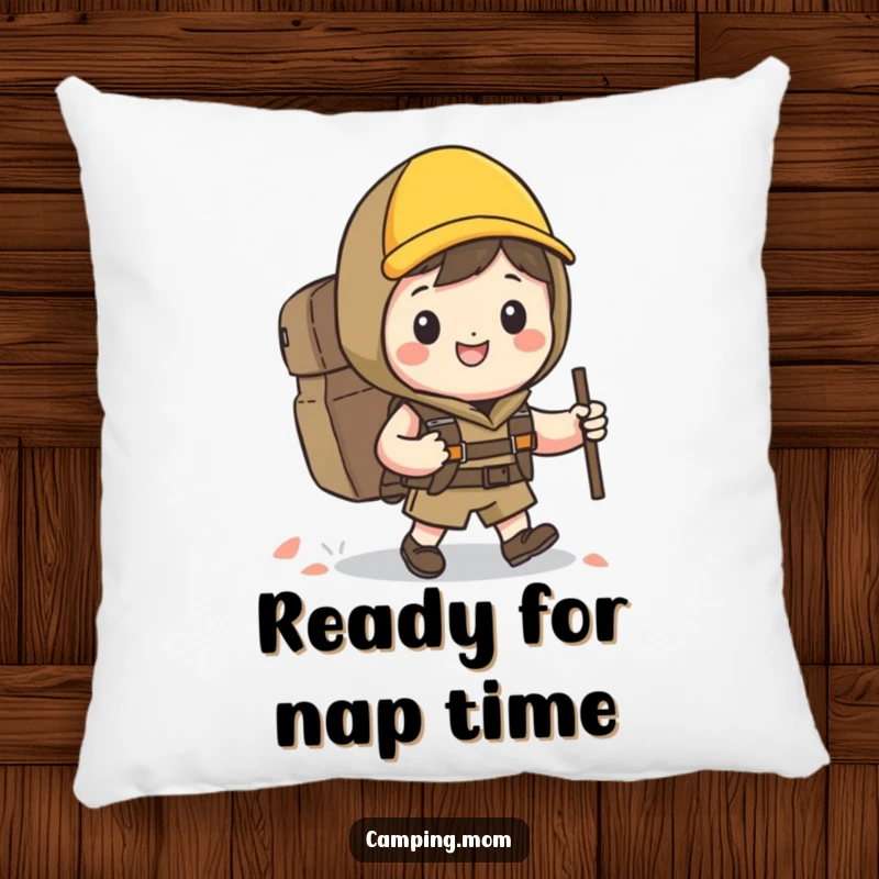 Funny Kawaii hiker pillow with a happy character holding a backpack and sporting a wide grin, ready to relax.