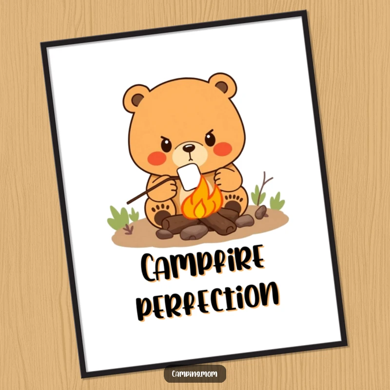 Funny digital art print of a determined mama bear roasting a marshmallow over a campfire for cozy wall decor.