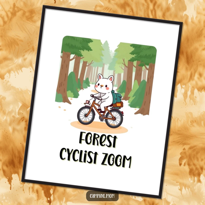 Funny camping animal digital art print, playfully riding a bicycle down a forest path, perfect for adding humor to any room.