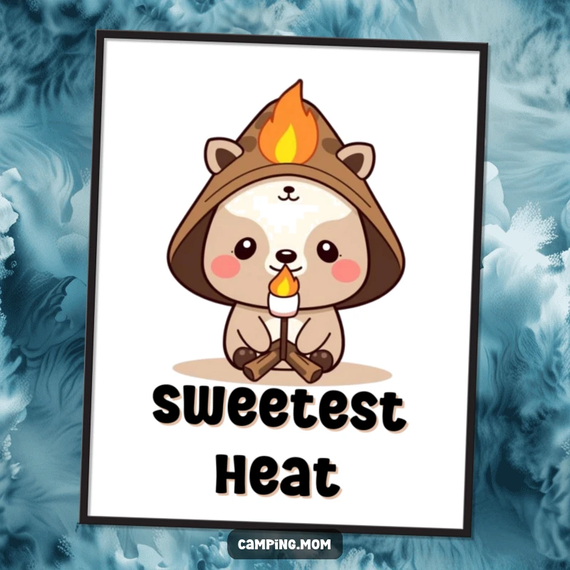 Funny campfire digital art print of a cheerful animal in a hat, roasting a marshmallow, perfect for an outdoor-themed home gallery.