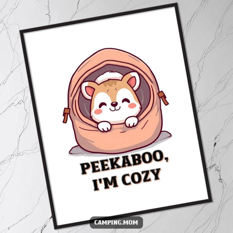 Funny camping animal digital art print, peeking with a cheerful grin from a sleeping bag, perfect for adding humor to any room.