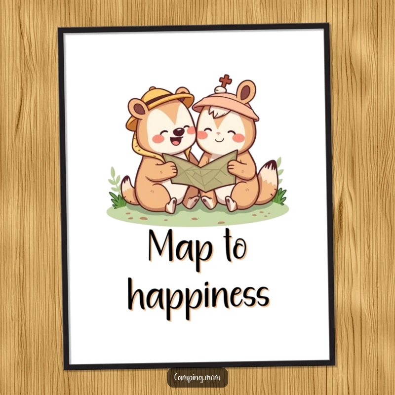 Funny Kawaii camping animal digital art print of a cute creature giggling while looking at a map. Charming outdoor decor gift.