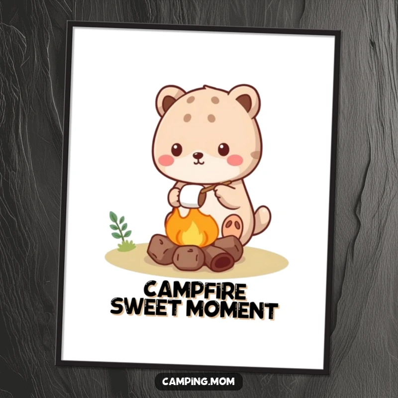 Funny kawaii camping animal digital art print: a cute creature roasting a marshmallow over a tiny campfire.