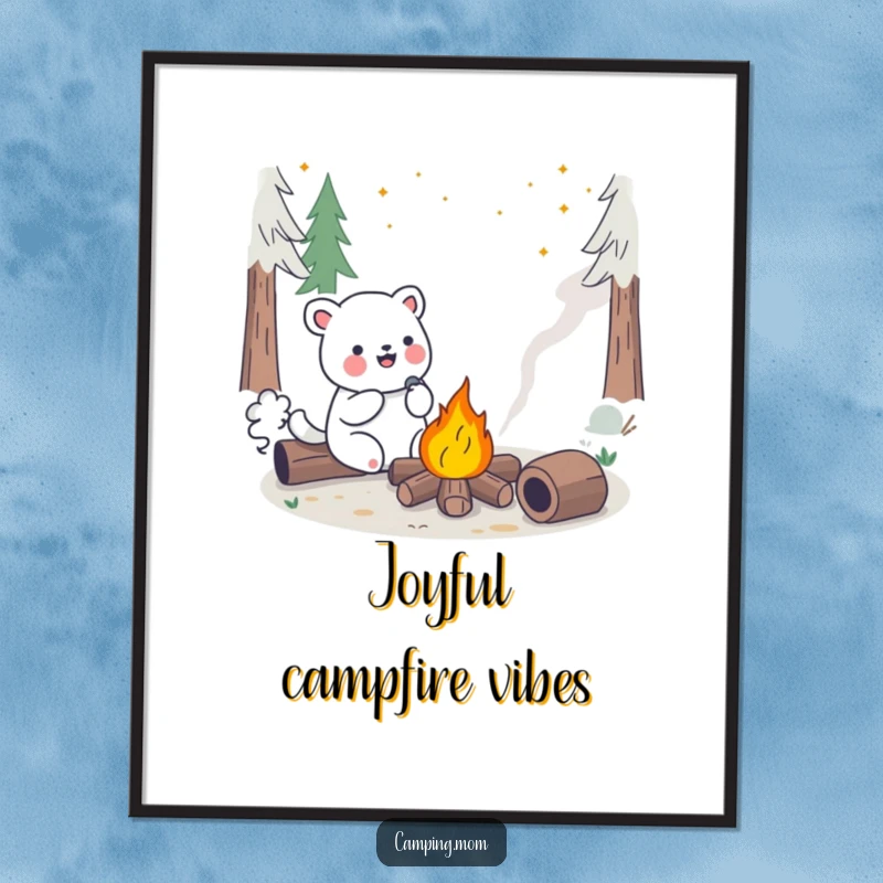 Funny Kawaii Camping Animal Digital Art Print of a happy creature singing by a glowing campfire, perfect for lively decor.