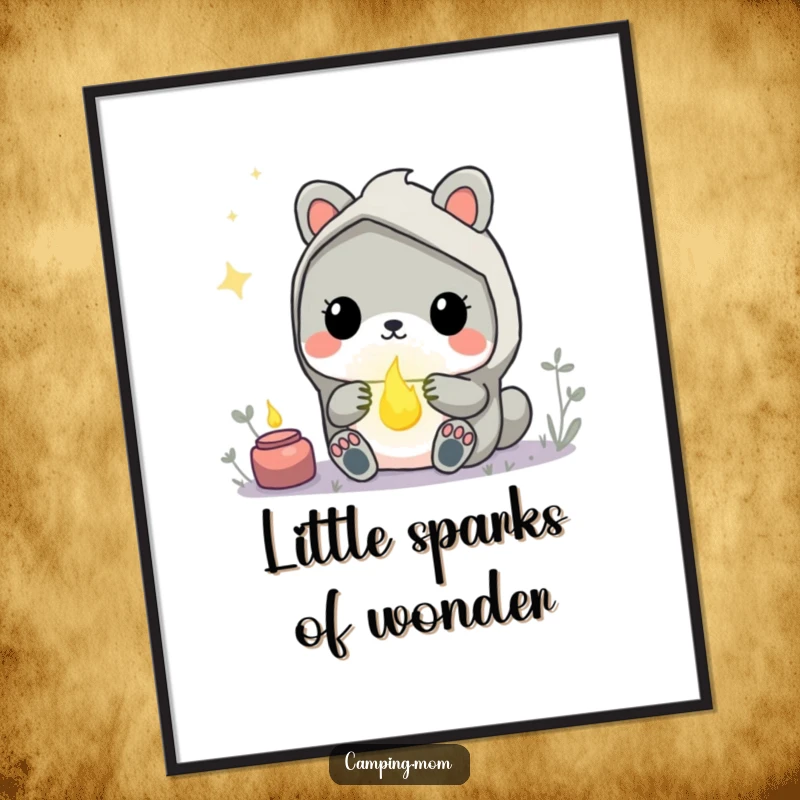 Funny Kawaii Camping Animal Digital Art Print showing a creature in awe of a glowing firefly, perfect for magical decor.