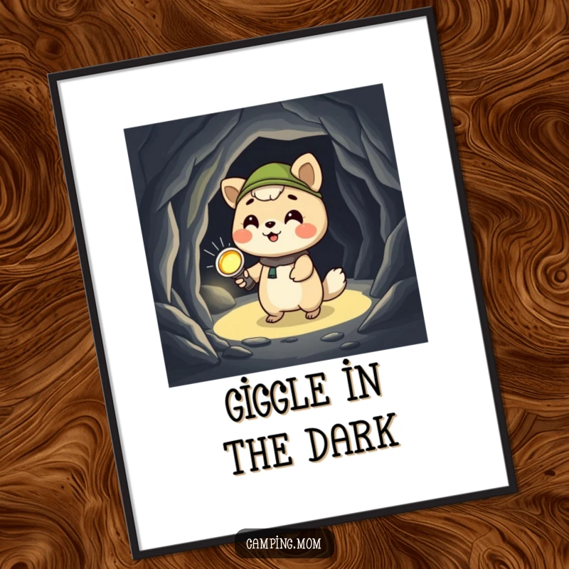 Funny camping animal digital art print, giggling with a flashlight in a dark cave, perfect for adding humor to any room.