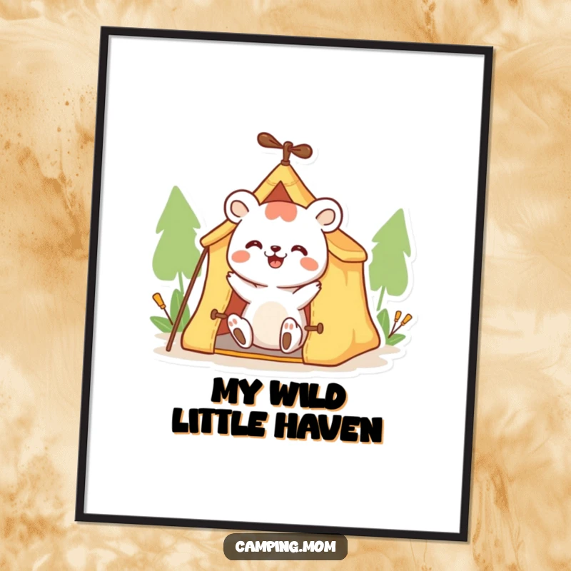 Funny animal digital art print of a happy character enthusiastically setting up a small tent, perfect for humorous wall decor.
