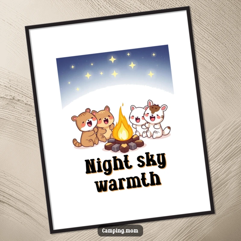 Funny campfire digital art print of animals huddled around a glowing campfire under a starry sky, perfect for an enchanted home gallery.