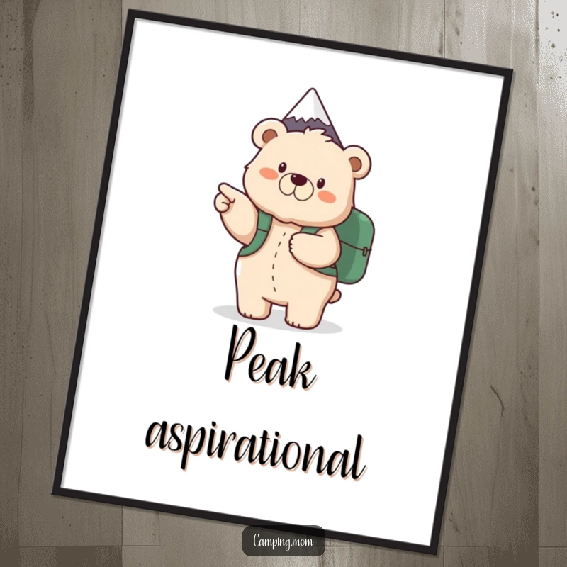 Funny digital art print of a fluffy mama bear with a backpack, excitedly pointing towards a mountain peak for wall decor.