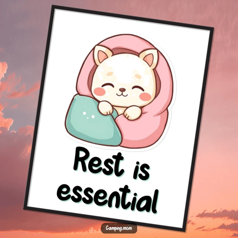 Funny animal character sleeping peacefully in a stylized sleeping bag, as a humorous and serene digital art print.