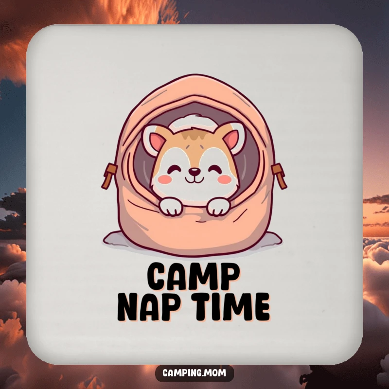 Funny camping animal drink coaster, peeking with a cheerful grin from a sleeping bag, a humorous protector for your table.