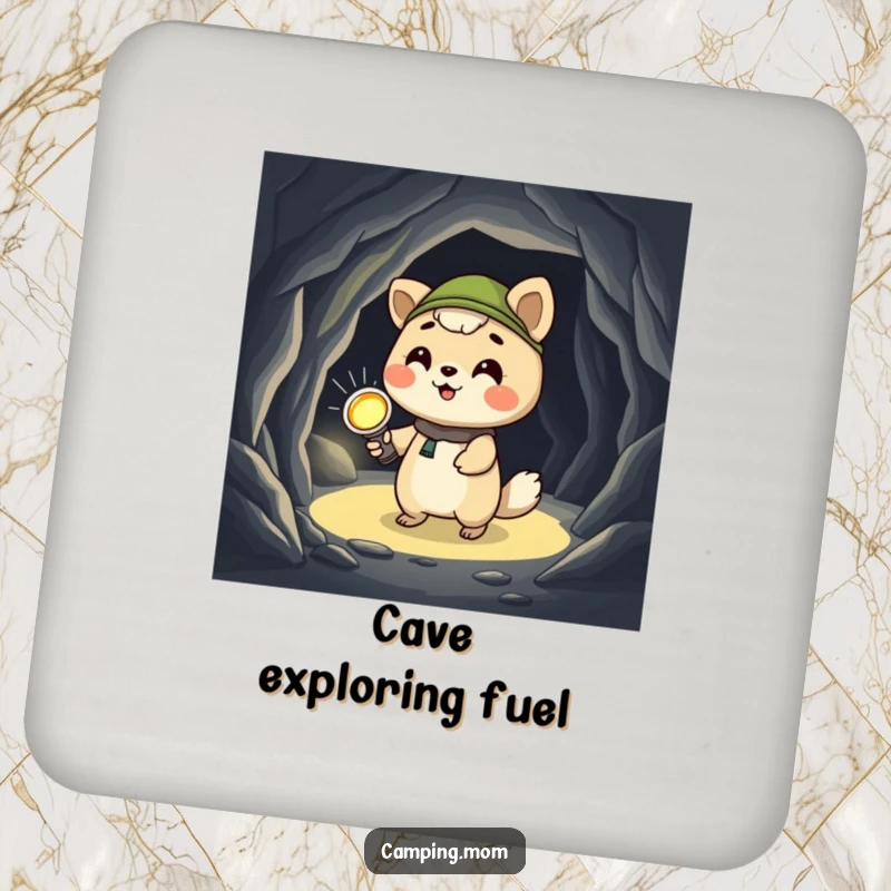 Funny camping animal drink coaster, giggling with a flashlight in a dark cave, a humorous protector for your furniture.