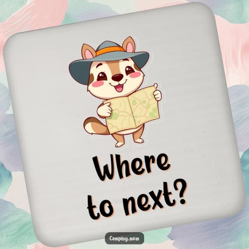 Funny animal character pointing at a map, protecting surfaces with humor, on a set of drink coasters.