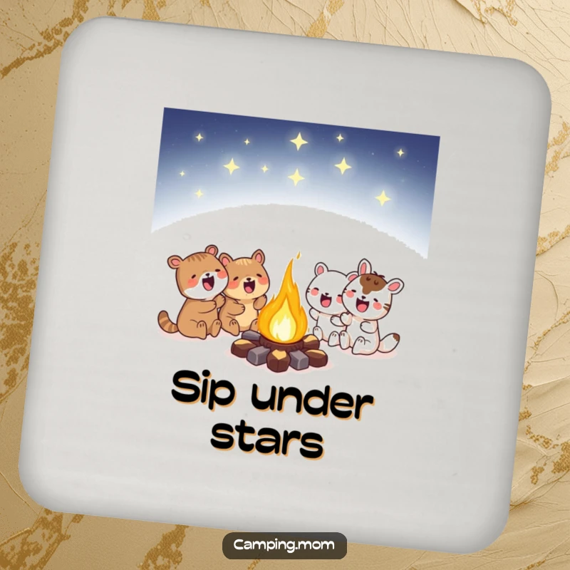 Funny campfire coasters showing animals huddled around a glowing campfire under a starry sky, adding celestial humor to your drink setup.