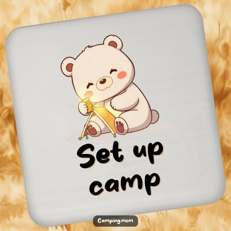 Funny coasters featuring a mama bear with a headlamp setting up a tent, protecting surfaces with camping flair.