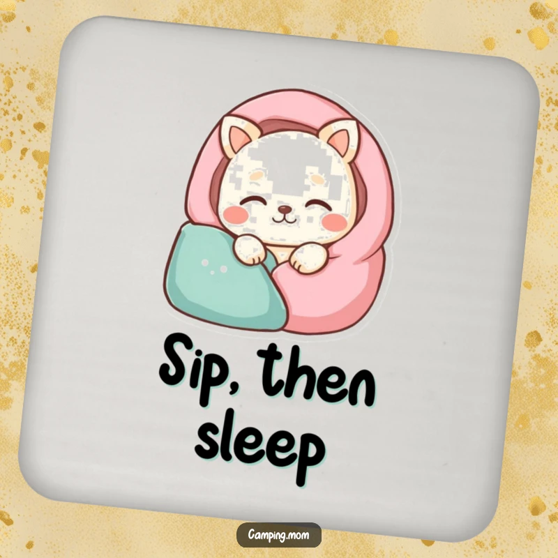 Funny animal character sleeping in a cozy sleeping bag, protecting surfaces with humor, on coasters.
