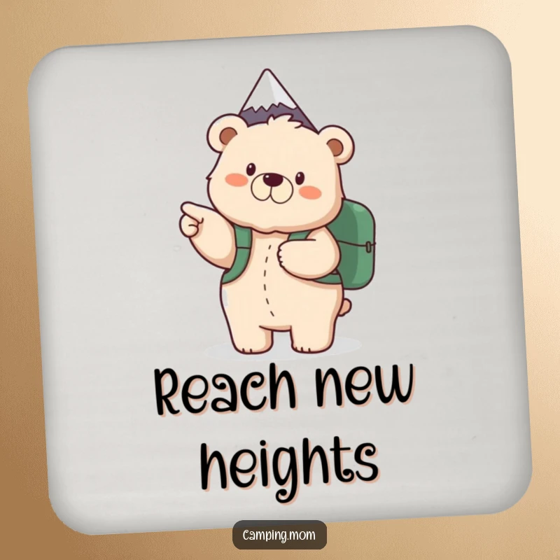 Funny coasters featuring a fluffy mama bear with a backpack pointing towards a mountain peak, protecting surfaces outdoorsy style.