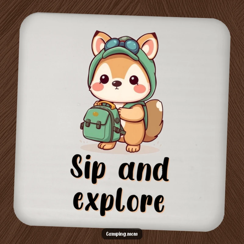 Funny coaster featuring a kawaii camping animal holding a small backpack, ready for adventure, adding a protective touch.