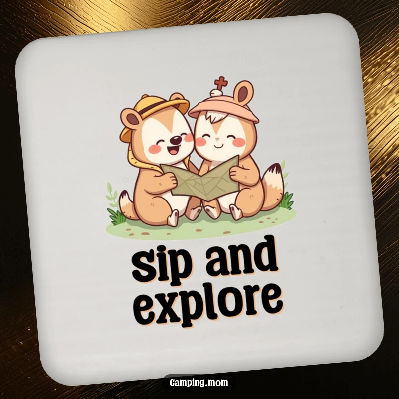 Funny Kawaii camping animal coaster featuring a cute creature giggling over a map. Charming outdoor decor. Perfect gift.