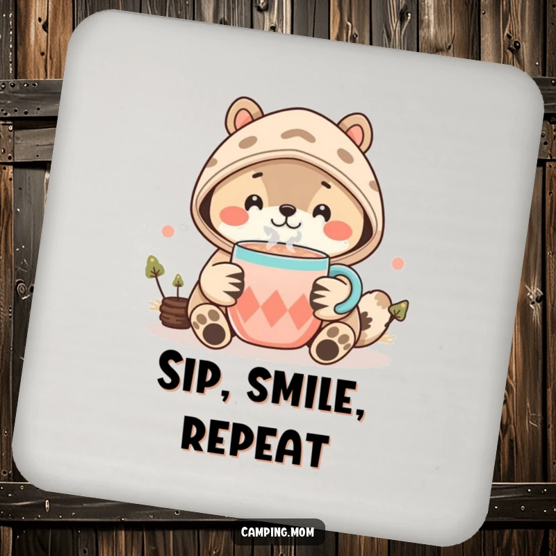 Funny Kawaii Camping Animal Coaster featuring a smiling creature offering cocoa, protecting surfaces with cute camping charm.
