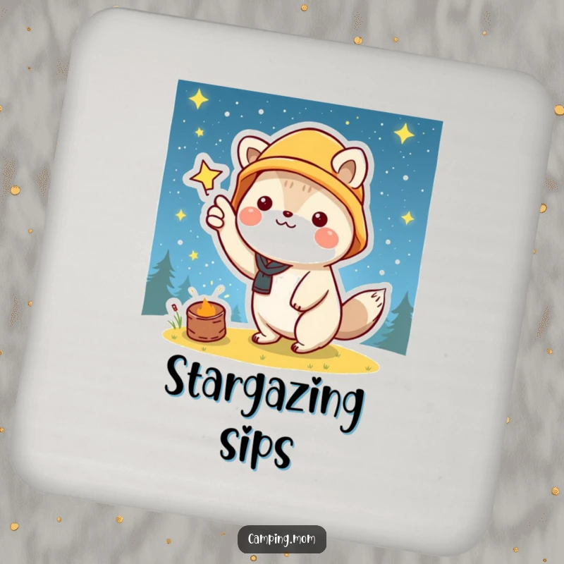 Funny coaster featuring a kawaii camping animal pointing at a starry night sky, adding a protective and whimsical touch.