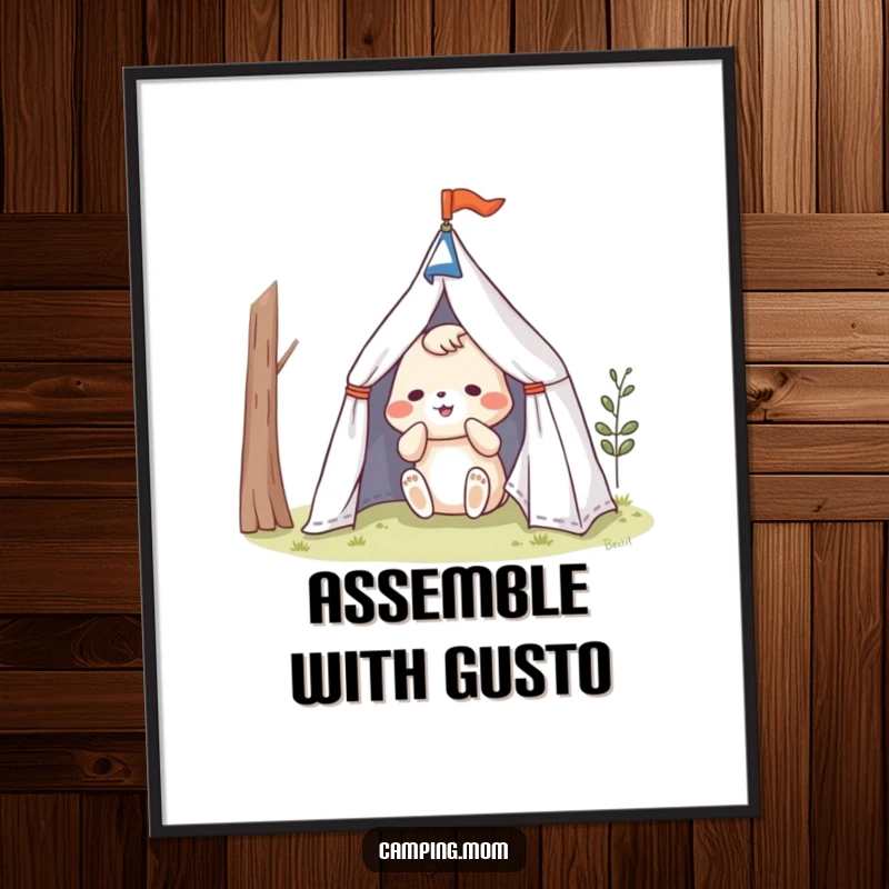 Funny animal character in a comical predicament with a small tent, creating a humorous camping poster.