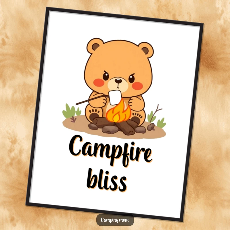 Funny poster of a determined mama bear intensely roasting a marshmallow over a vibrant campfire, evoking warmth.