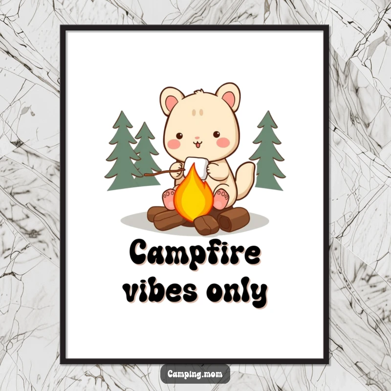 Funny camping animal poster print, gleefully roasting a marshmallow over a crackling campfire, capturing a moment of pure outdoor joy.
