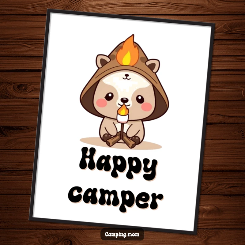 Funny campfire poster featuring a cheerful animal in a hat, toasting a marshmallow, creating a delightful and humorous outdoor scene.