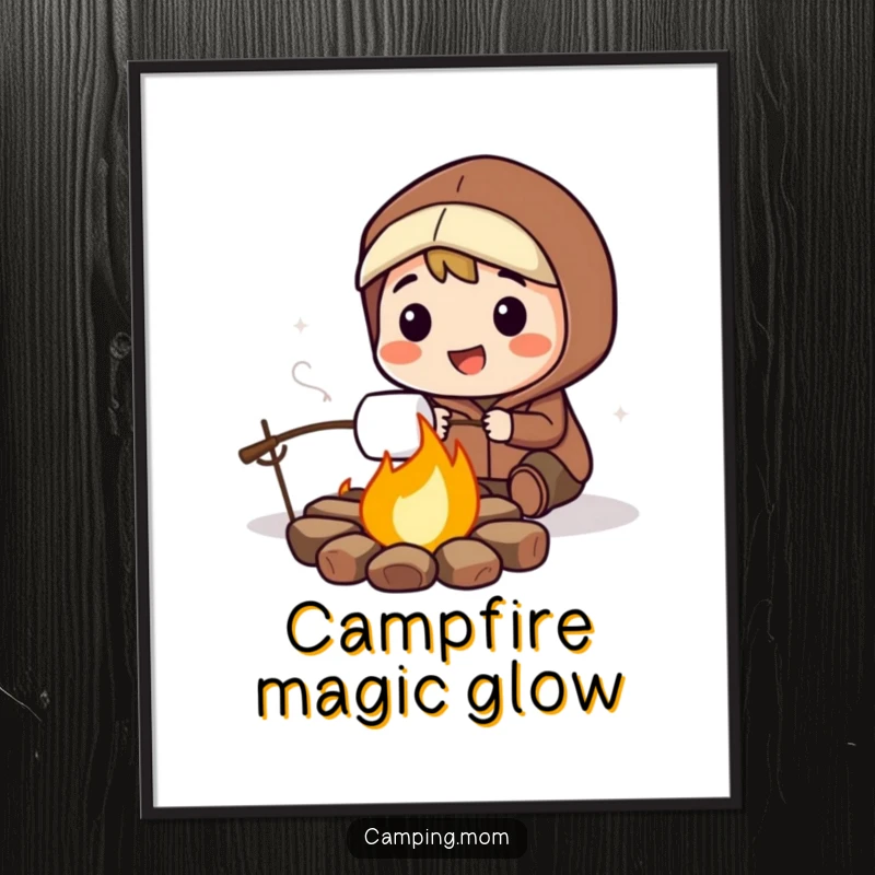 Funny poster of a smiling camping character intently roasting a marshmallow over a glowing, crackling campfire.