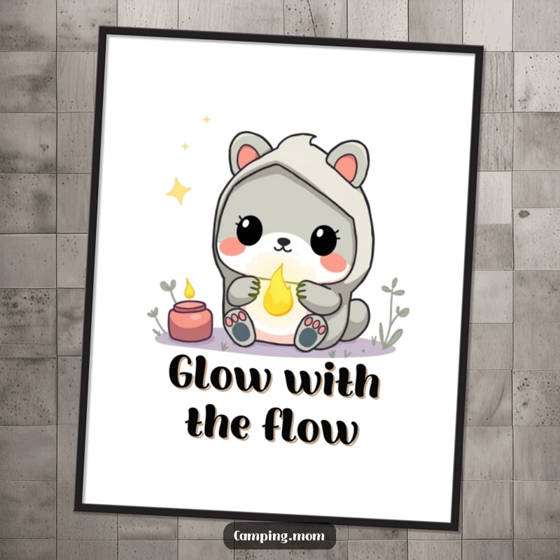 Funny Kawaii Camping Animal Poster featuring a creature in awe of a softly glowing firefly, perfect for enchanting decor.