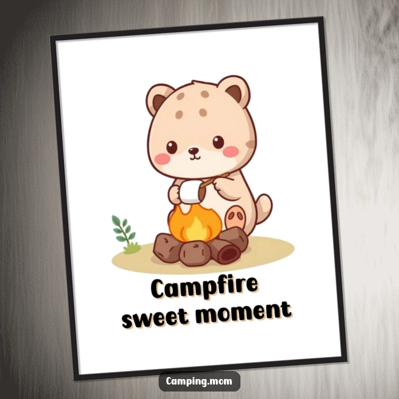 Funny kawaii camping animal poster showing a cute creature roasting a marshmallow over a tiny, glowing campfire.