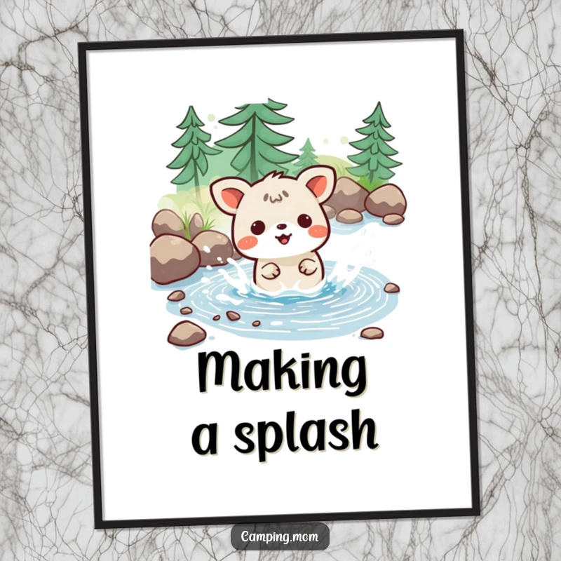 Funny poster print of a kawaii camping animal joyfully splashing in a tiny stream, evoking happiness and playfulness.