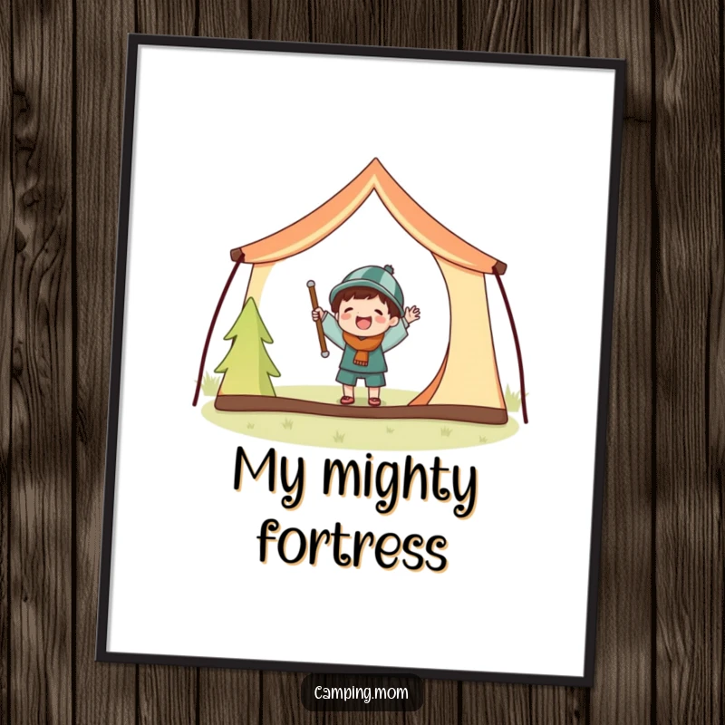 Funny poster of a joyful camping character gleefully wrestling with extremely oversized poles to set up a tent.