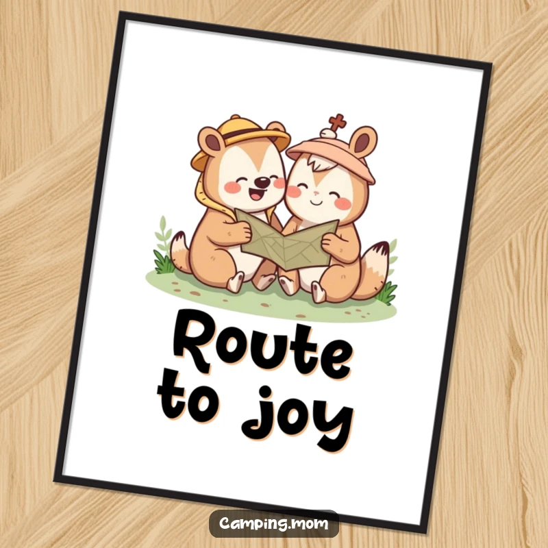 Funny Kawaii camping animal poster art of a cute creature giggling while looking at a map. Charming outdoor decor. Gift.