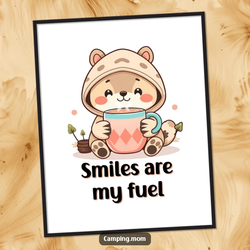 Funny Kawaii Camping Animal Poster showcasing a smiling creature holding a steaming mug of cocoa, perfect wall decor for nature lovers.