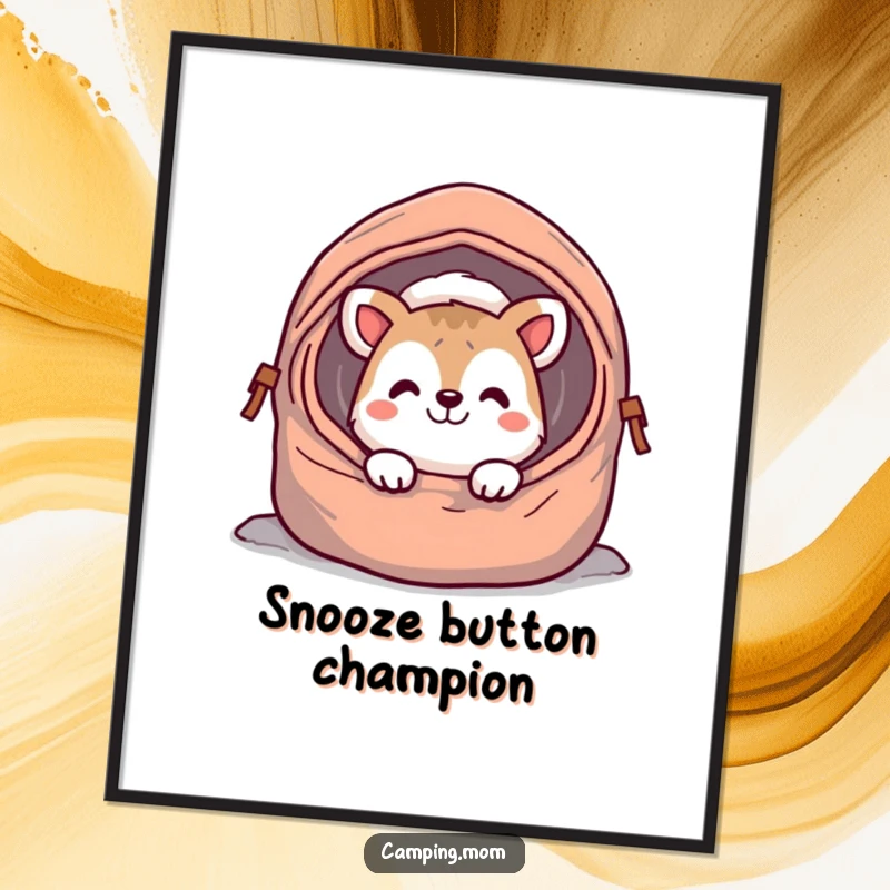Funny camping animal poster print, peeking from a sleeping bag with a wide, cheerful grin, radiating morning delight and humor.