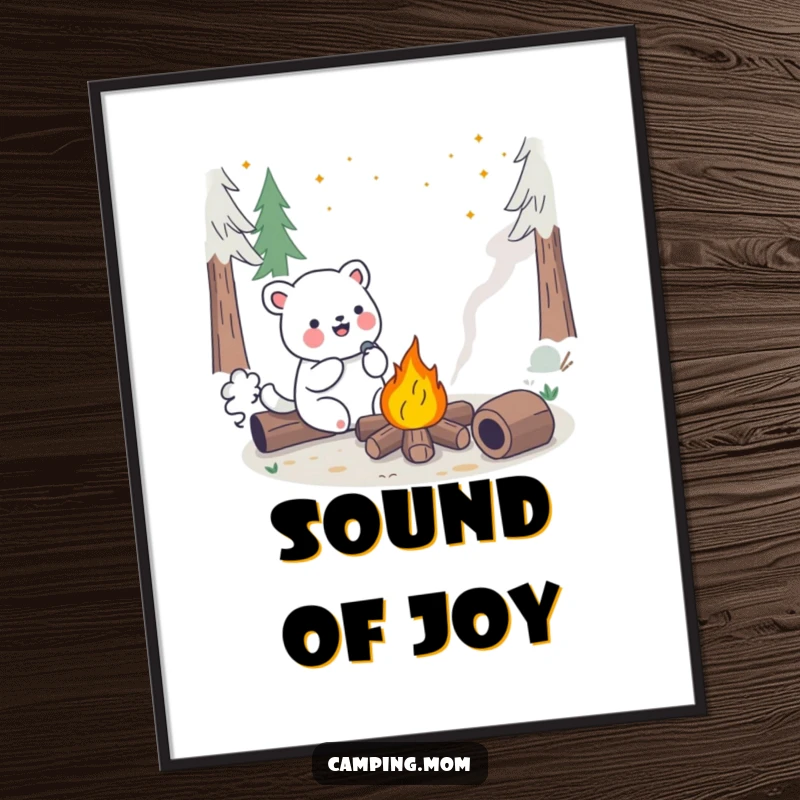 Funny Kawaii Camping Animal Poster featuring a happy singing creature beside a glowing, cheerful campfire. Perfect wall decor.