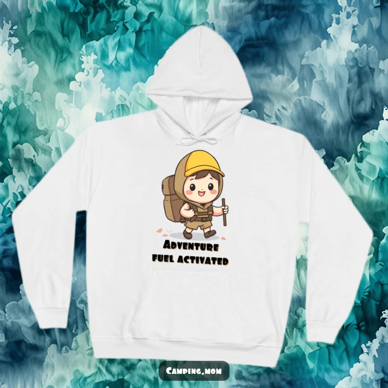 Funny Kawaii hiker hoodie showing a character with a backpack and a big grin, enjoying a happy hike.