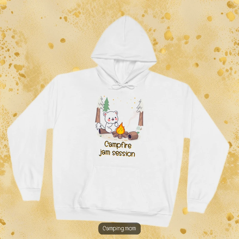 Funny Kawaii Camping Animal Hoodie depicting a happy singing creature beside a vibrant, friendly campfire. Great cozy gift.