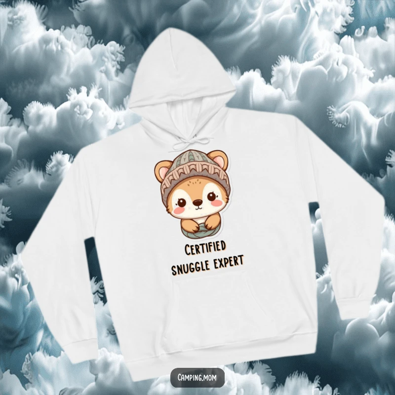 Funny animal character dressed in a warm knitted hat, looking exceptionally cozy and content, featured on a comfortable hoodie.