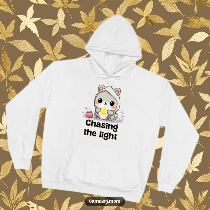 Funny Kawaii Camping Animal Hoodie showing a creature in awe of a brilliant, glowing firefly. Cozy and magical.